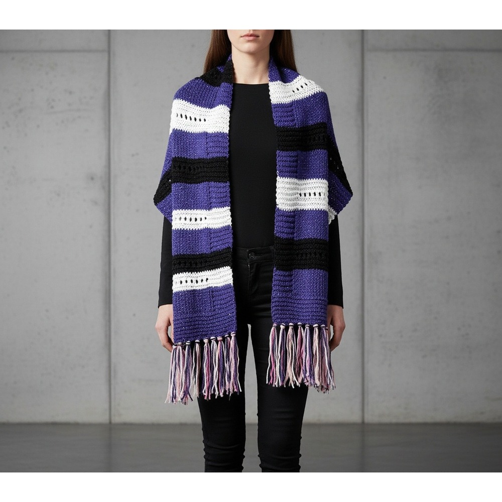 NEW‎ Purple Metallic Black Hand Knit Shawl Wrap Fringe Indie Artsy Boho Chic